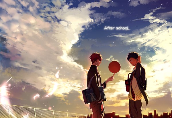 Anime picture 1500x1032 with kuroko no basket production i.g aomine daiki kagami taiga 321wei fringe short hair smile standing blue hair sky cloud (clouds) red hair eyes closed profile dark skin hand in pocket spiked hair boy uniform