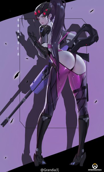 Anime picture 1000x1647 with overwatch blizzard entertainment widowmaker (overwatch) grandialee single long hair tall image looking at viewer light erotic standing signed purple hair full body ass ponytail looking back realistic shadow orange eyes copyright name