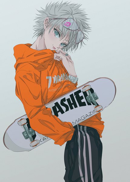 Anime picture 1430x2000 with hunter x hunter killua zaoldyeck najuco (naju0517) single tall image looking at viewer fringe short hair simple background smile hair between eyes standing holding head tilt aqua eyes grey hair grey background :p hand in pocket clothes writing