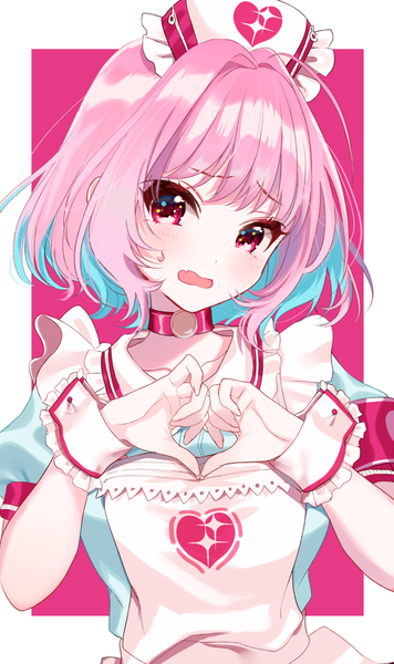 Anime picture 773x1300 with idolmaster idolmaster cinderella girls yumemi riamu sinsihukunokonaka single tall image looking at viewer blush short hair open mouth simple background pink hair upper body ahoge head tilt pink eyes multicolored hair two-tone hair border pink background