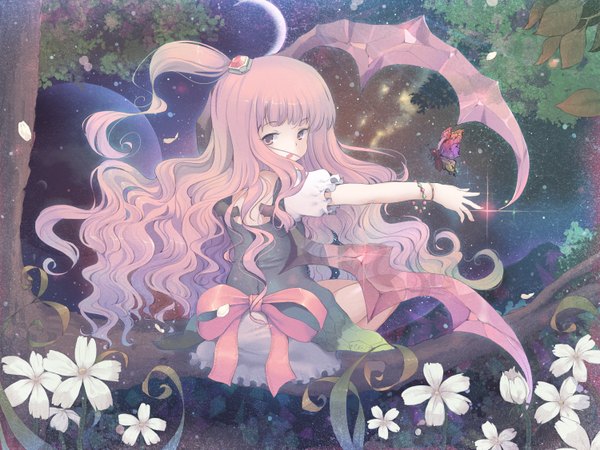 Anime picture 3000x2250 with original anyannko single long hair highres purple eyes purple hair girl dress flower (flowers) plant (plants) wings tree (trees) insect butterfly