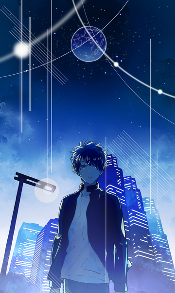 Anime picture 1800x3000 with nico nico singer kashitaro ito mikkun 04 single tall image looking at viewer fringe highres short hair standing blue hair outdoors night open jacket night sky looking down boy jacket building (buildings) moon