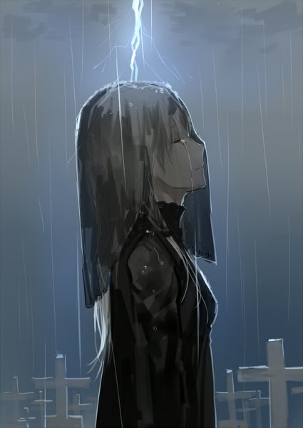 Anime picture 709x1000 with original cotta single long hair tall image sky silver hair cloud (clouds) eyes closed profile rain crying sad electricity girl dress black dress cross