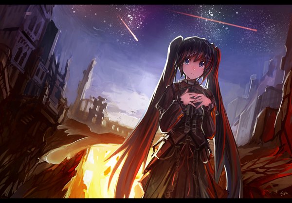 Anime picture 2000x1390 with vocaloid hatsune miku stk (artist) single long hair highres blue eyes black hair twintails night girl dress castle