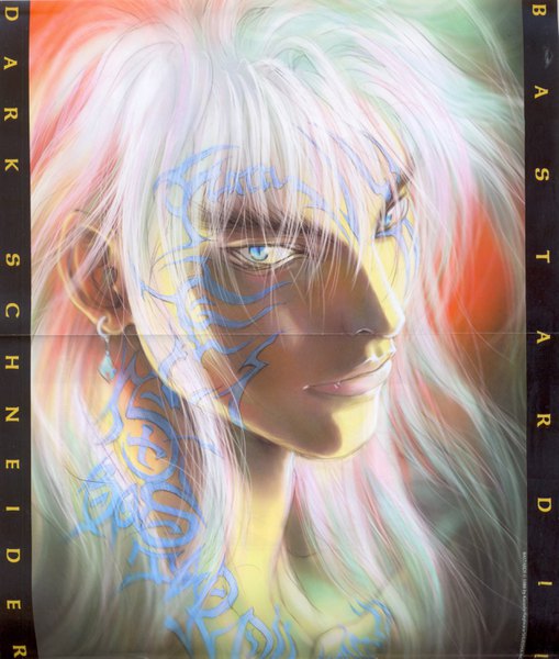 Anime picture 2523x2977 with bastard!! dark schneider hagiwara kazushi single long hair tall image looking at viewer fringe highres blue eyes hair between eyes white hair lips official art fang (fangs) tattoo copyright name character names portrait letterboxed
