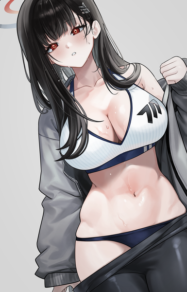 Anime picture 1904x2968 with blue archive rio (blue archive) daehoak single long hair tall image blush fringe highres breasts light erotic black hair simple background red eyes large breasts standing cleavage blunt bangs parted lips off shoulder