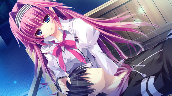 Anime picture 1280x720 with koi ga saku koro sakura doki jinpou ann long hair short hair blue eyes black hair smile wide image pink hair game cg couple girl boy uniform school uniform hairband