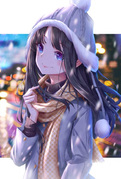 Anime picture 1728x2560 with original amaroku neko single long hair tall image looking at viewer highres blue eyes black hair smile standing upper body blurry depth of field snowing girl scarf pom pom (clothes) plaid scarf