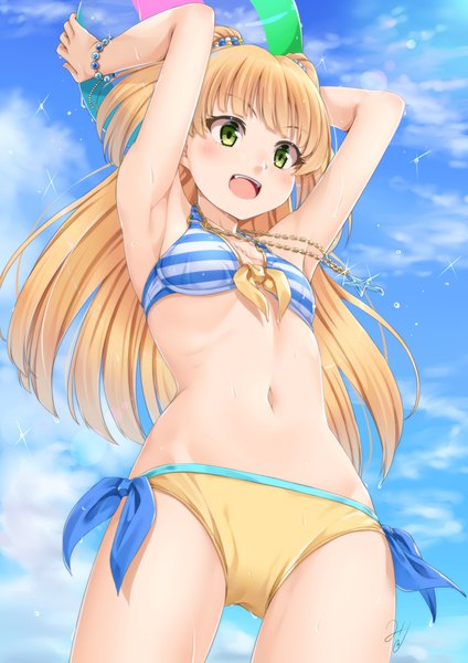 Anime picture 827x1169 with idolmaster idolmaster cinderella girls jougasaki rika miri (ago550421) single long hair tall image blush fringe open mouth light erotic blonde hair holding green eyes looking away sky cloud (clouds) arms up from below two side up