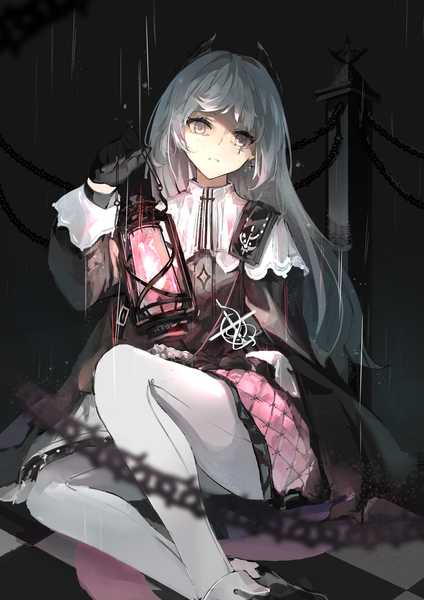 Anime picture 1521x2151 with arknights irene (arknights) sinsou 11 single long hair tall image looking at viewer fringe sitting holding silver hair grey eyes rain checkered floor floor girl gloves pantyhose black gloves lantern
