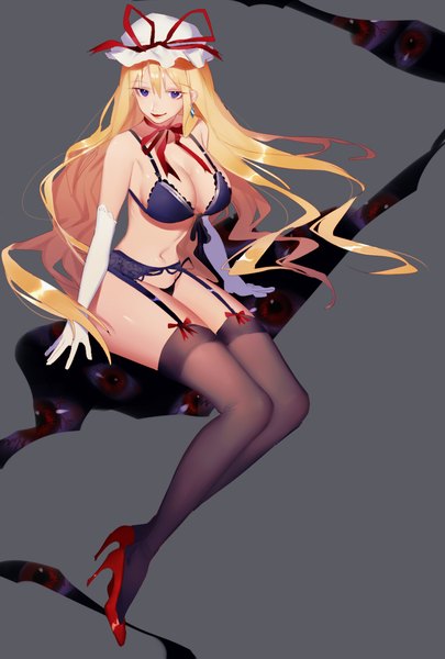 Anime picture 1000x1480 with touhou yakumo yukari tian (my dear) single long hair tall image looking at viewer fringe breasts light erotic blonde hair hair between eyes large breasts sitting purple eyes full body grey background high heels girl thighhighs