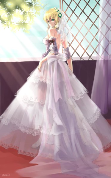 Anime picture 2800x4500 with fate (series) fate/stay night studio deen type-moon artoria pendragon (all) saber bzerox single tall image highres short hair blonde hair bare shoulders green eyes looking back girl dress wedding dress