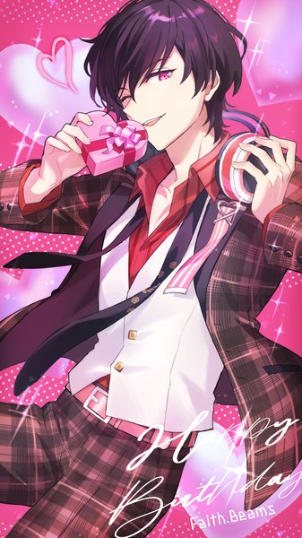 Anime-Bild 1296x2304 mit helios rising heroes faith beams sakuro single tall image looking at viewer short hair open mouth black hair one eye closed pink eyes sparkle character names open collar ;d valentine happy birthday plaid headphones around neck boy