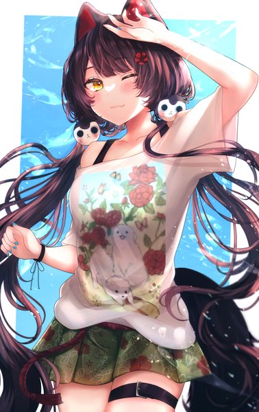 Anime picture 2501x3971 with virtual youtuber nijisanji inui toko yu lei single long hair tall image blush highres black hair twintails animal ears yellow eyes tail nail polish animal tail pleated skirt one eye closed off shoulder low twintails