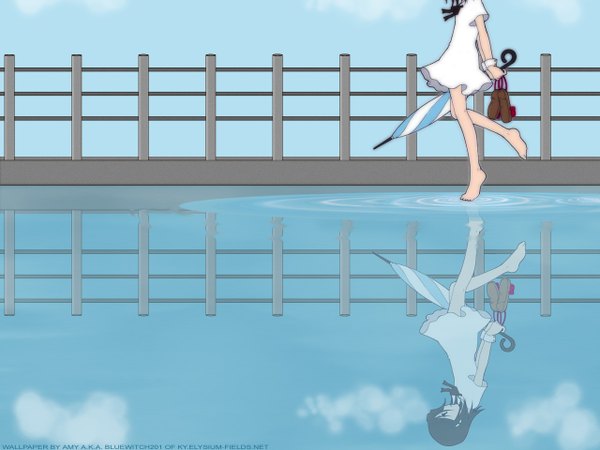 Anime picture 1280x960 with bleach studio pierrot kuchiki rukia kubo tite blue background closed umbrella water umbrella