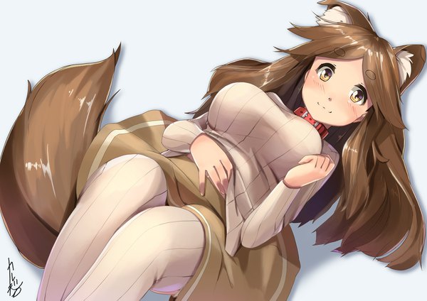 Anime picture 1600x1133 with original kanzen bouon single long hair looking at viewer blush breasts simple background smile brown hair large breasts brown eyes signed animal ears yellow eyes tail animal tail :3 dog ears dog tail