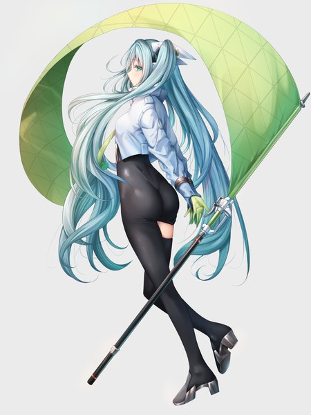 Anime-Bild 1125x1500 mit vocaloid goodsmile racing hatsune miku racing miku racing miku (2022) murano single tall image fringe light erotic simple background hair between eyes twintails ass very long hair profile aqua eyes aqua hair grey background girl