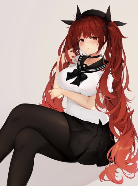 Anime picture 2480x3333 with azur lane honolulu (azur lane) honolulu (umbrella girl) (azur lane) jun.bit single tall image looking at viewer blush fringe highres breasts simple background red eyes twintails bent knee (knees) red hair blunt bangs very long hair pleated skirt crossed legs