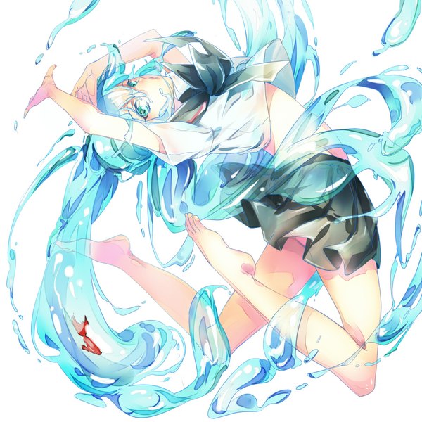 Anime picture 1000x1000 with vocaloid hatsune miku bottle miku reika (artist) yamano uzura single looking at viewer fringe simple background white background twintails very long hair pleated skirt barefoot aqua eyes aqua hair bare legs alternate costume legs liquid hair