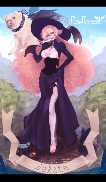 Anime picture 1410x2400 with original pixiv fantasia pixiv pixiv fantasia new world niwa torico single long hair tall image looking at viewer fringe breasts standing animal ears pink hair sky cleavage cloud (clouds) light smile lips from below