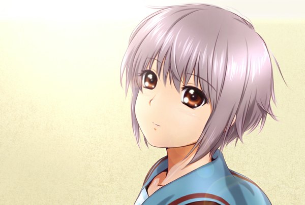 Anime picture 1020x689 with suzumiya haruhi no yuutsu kyoto animation nagato yuki akahige single looking at viewer short hair brown eyes grey hair girl uniform school uniform