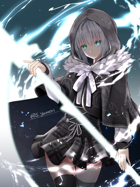 Anime picture 750x1000 with fate (series) lord el-melloi ii case files gray (fate) satou yumeri single tall image looking at viewer fringe short hair hair between eyes standing holding signed silver hair aqua eyes zettai ryouiki fur trim twitter username plaid skirt girl