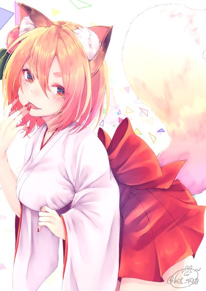 Anime-Bild 1417x2000 mit original chita (ketchup) single tall image looking at viewer blush fringe short hair breasts open mouth smile hair between eyes standing brown eyes signed animal ears tail nail polish traditional clothes japanese clothes