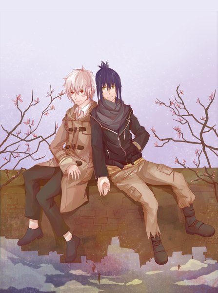 Anime picture 2150x2887 with no.6 studio bones nezumi (no.6) shion (no.6) tall image highres short hair black hair red eyes sitting green eyes silver hair multiple boys holding hands shounen ai boy plant (plants) tree (trees) 2 boys