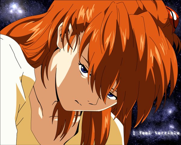 Anime picture 1280x1024 with neon genesis evangelion gainax soryu asuka langley single long hair looking at viewer fringe blue eyes orange hair text close-up english vector space screencap redraw girl