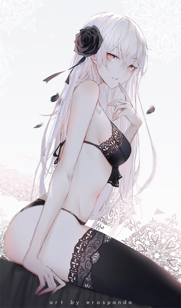 Anime picture 800x1357 with original erospanda single long hair tall image looking at viewer fringe breasts light erotic simple background hair between eyes red eyes sitting signed white hair parted lips looking back hair flower underwear only thighs