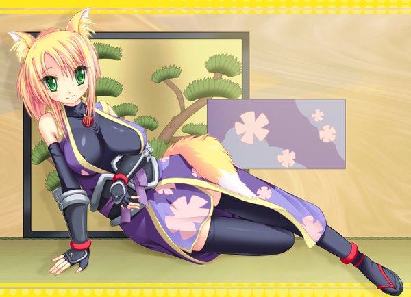 Anime picture 1422x1030 with dog days yukikaze panettone single looking at viewer blush short hair breasts light erotic blonde hair smile large breasts green eyes erect nipples fox ears fox tail fox girl covered nipples reclining girl thighhighs