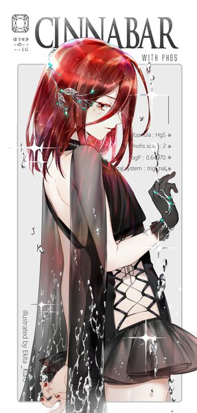 Anime picture 875x1828 with houseki no kuni cinnabar (houseki no kuni) ekita xuan single tall image looking at viewer fringe hair between eyes red eyes standing white background signed red hair nail polish parted lips profile fingernails character names androgynous adapted costume