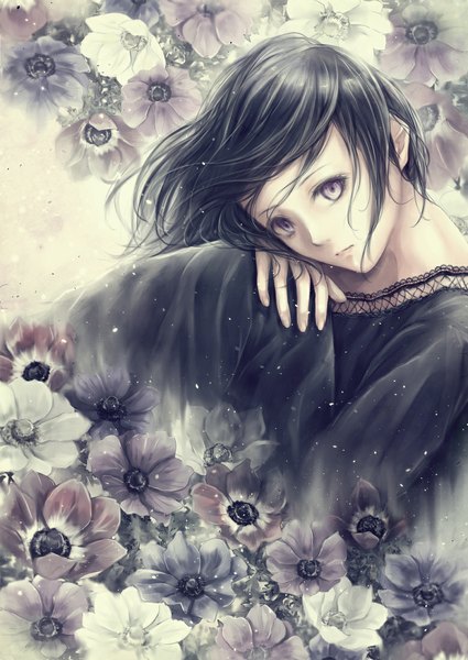 Anime picture 780x1100 with original nuwanko single long hair tall image looking at viewer black hair grey eyes girl dress flower (flowers) black dress