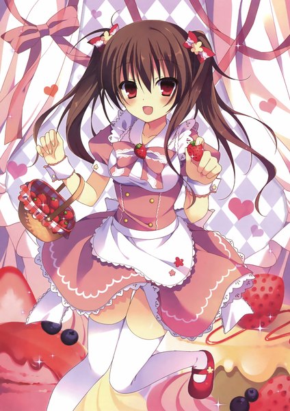 Anime picture 1906x2700 with ringonotane (muku) single long hair tall image blush highres open mouth red eyes brown hair twintails scan girl thighhighs dress bow hair bow white thighhighs food berry (berries) strawberry