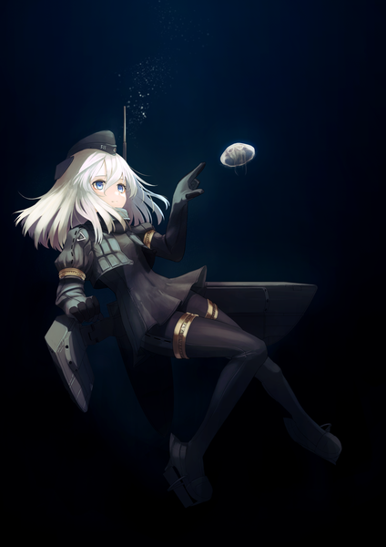 Anime picture 2894x4093 with kantai collection u-511 submarine hara shoutarou single long hair tall image fringe highres blue eyes hair between eyes looking away full body white hair light smile underwater girl uniform thigh strap military uniform jellyfish