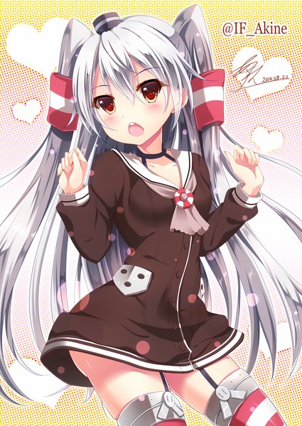 Anime picture 1200x1695 with kantai collection amatsukaze destroyer akine (kuroyuri) single long hair tall image blush open mouth red eyes white hair two side up girl hat heart hair tubes sailor suit mini hat mini top hat