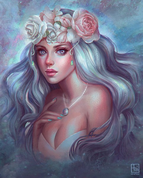 Anime picture 806x1000 with original abigail diaz single long hair tall image blush light erotic bare shoulders signed looking away cleavage silver hair upper body nail polish lips realistic grey background lipstick shiny skin hand on chest