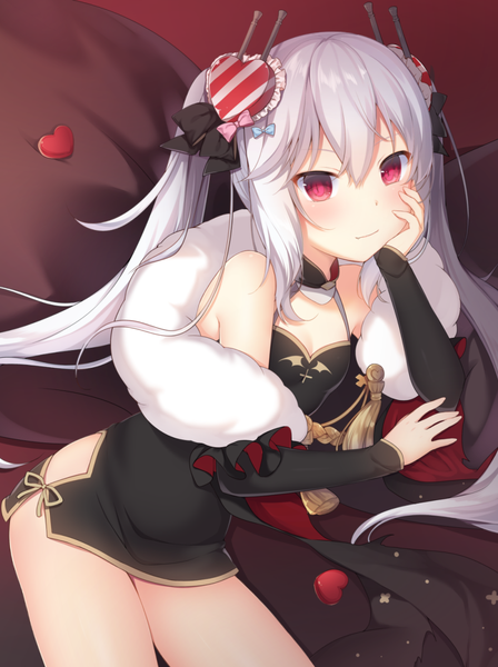 Anime picture 1000x1337 with azur lane vampire (azur lane) vampire (the breath of spring) (azur lane) nachi single long hair tall image looking at viewer blush fringe breasts light erotic hair between eyes red eyes sitting twintails payot cleavage silver hair traditional clothes