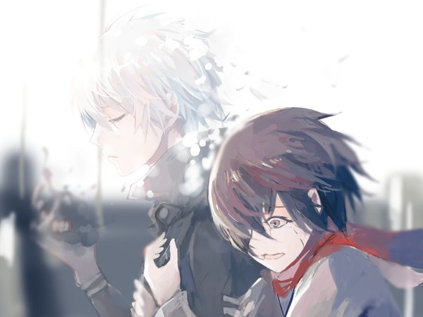 Anime picture 2362x1772 with tokyo ghoul tokyo ghoul:re studio pierrot kaneki ken kirishima touka ringo (ruoyuwang) fringe highres short hair open mouth purple eyes purple hair white hair eyes closed profile hair over one eye hug tears crying sad