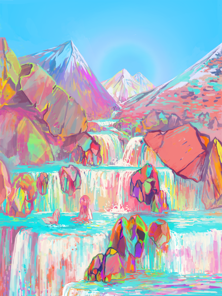 Anime picture 1164x1551 with original qiu (qiiiu) single long hair tall image pink hair sky from behind partially submerged mountain river waterfall multicolored girl water mermaid
