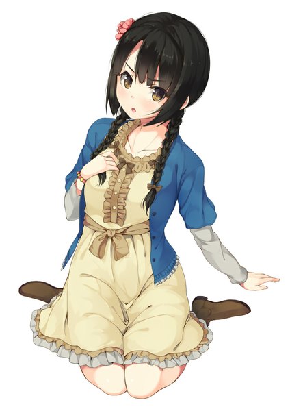 Anime picture 706x1000 with original unasaka ryou single long hair tall image looking at viewer open mouth black hair simple background white background brown eyes braid (braids) girl dress flower (flowers)