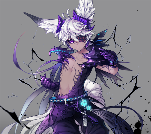 Anime picture 900x798 with blade & soul lyn (blade & soul) cm single looking at viewer short hair simple background standing purple eyes animal ears silver hair grey background dark skin scar boy eyepatch