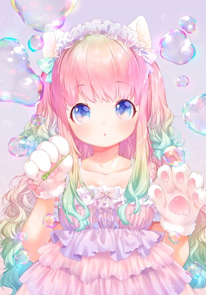 Anime picture 1300x1857 with original mutou mato single long hair tall image looking at viewer blush fringe open mouth blue eyes simple background standing holding animal ears payot pink hair upper body blunt bangs multicolored hair cat ears