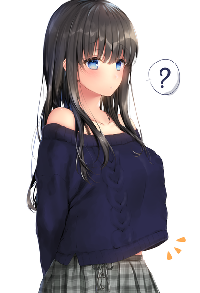 Anime-Bild 2287x3349 mit original navy (navy.blue) single long hair tall image looking at viewer blush fringe highres breasts blue eyes black hair simple background hair between eyes standing white background payot blunt bangs parted lips pleated skirt