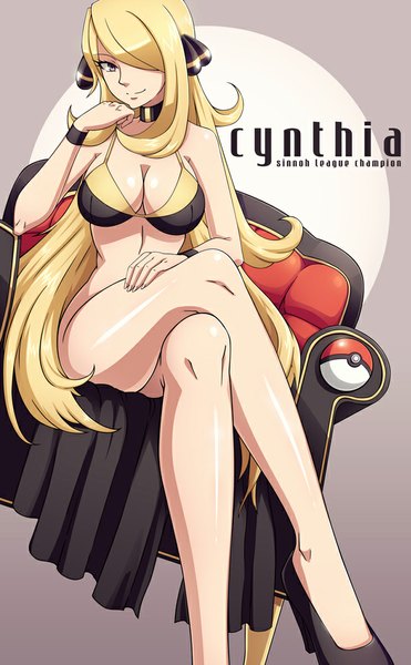 Anime picture 618x1000 with pokemon pokemon dppt nintendo cynthia (pokemon) scott bennett single long hair tall image looking at viewer fringe breasts light erotic blonde hair smile sitting yellow eyes hair over one eye arm support legs crossed legs