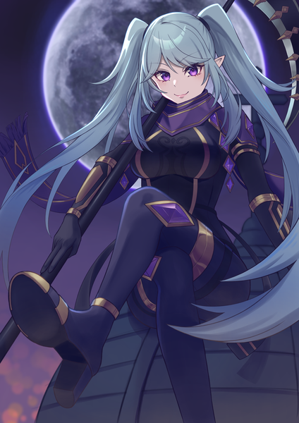 Anime picture 1447x2047 with kage no jitsuryokusha ni naritakute! epsilon (kage no jitsuryokusha ni naritakute!) soymilk26 single long hair tall image smile sitting purple eyes twintails payot silver hair outdoors pointy ears crossed legs girl weapon moon bodysuit full moon