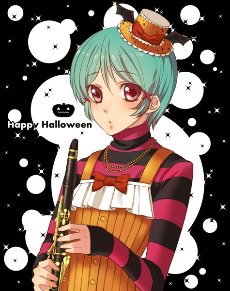 Anime picture 800x1010 with la corda d'oro fuyuumi shouko yamaki suzume single tall image looking at viewer blush short hair pink eyes aqua hair inscription striped halloween happy halloween girl hair ornament hat hairclip beads mini hat