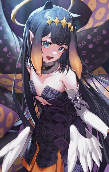 Anime picture 1295x2048 with virtual youtuber hololive hololive english ninomae ina'nis ninomae ina'nis (1st costume) yo owl single tall image fringe open mouth blue eyes black hair animal ears blunt bangs very long hair :d pointy ears turning head flat chest extra ears