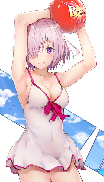 Anime picture 1560x2716 with fate (series) fate/grand order mash kyrielight mash kyrielight (swimsuit of perpetual summer) black cola single tall image looking at viewer blush fringe short hair breasts light erotic simple background smile standing white background purple eyes holding pink hair