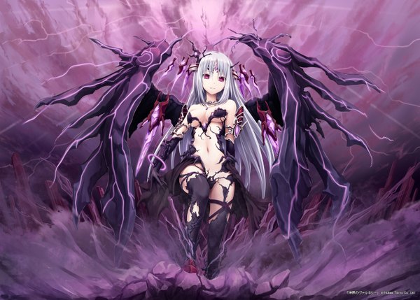 Anime picture 1507x1080 with shinkai no valkyrie chaos (shinkai no valkyrie) akkijin single long hair looking at viewer breasts light erotic bare shoulders silver hair pink eyes girl thighhighs gloves navel wings tiara torn thighhighs
